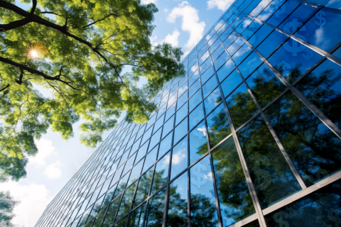 Image of a skyscraper and tree branches with tree reflecting off the glass.